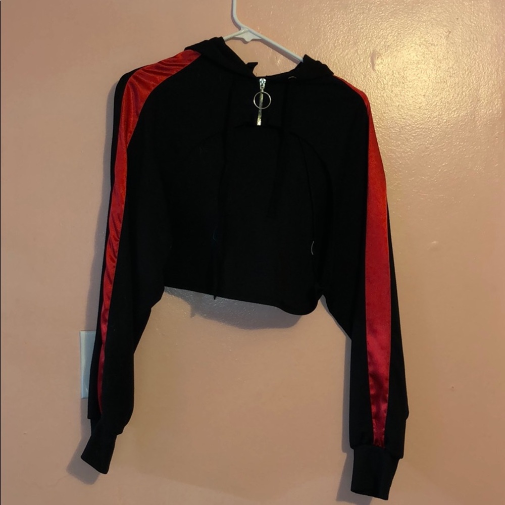 Very cropped black and red hoodie